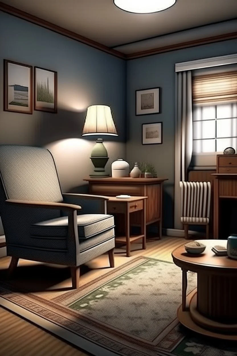 Photorealistic old woman's living room. Tidy and sparsely furnished with a well-loved recliner, sidetable and older tv