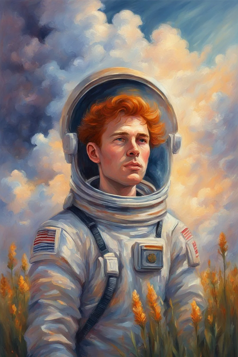 stunning painting of a soviet cosmonaut with ginger hair, iris field, epic clouds, ((painterly)), ((impressionist)), vibrant, soft edges, golden glow