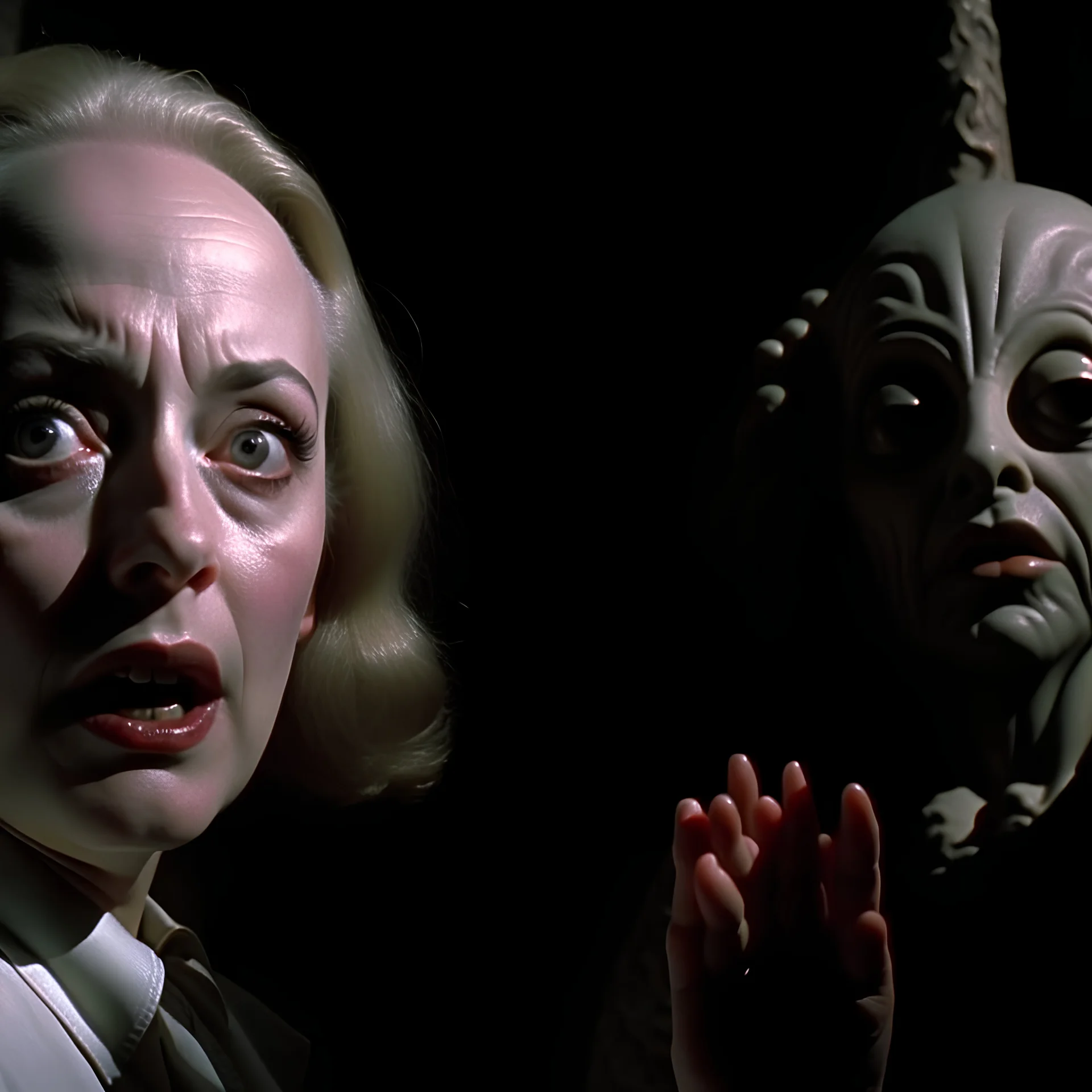 Spooky, ultra realistic distress, giant ear, silver organic palen ail dynamic woman, anguish, excited and lively scene, sk77, hypermaximalist figures, stb, Creepy the Ring Alfred Hitchcock, Sam Raimi, insanely detailed, sinister, Dario Argento, ornate