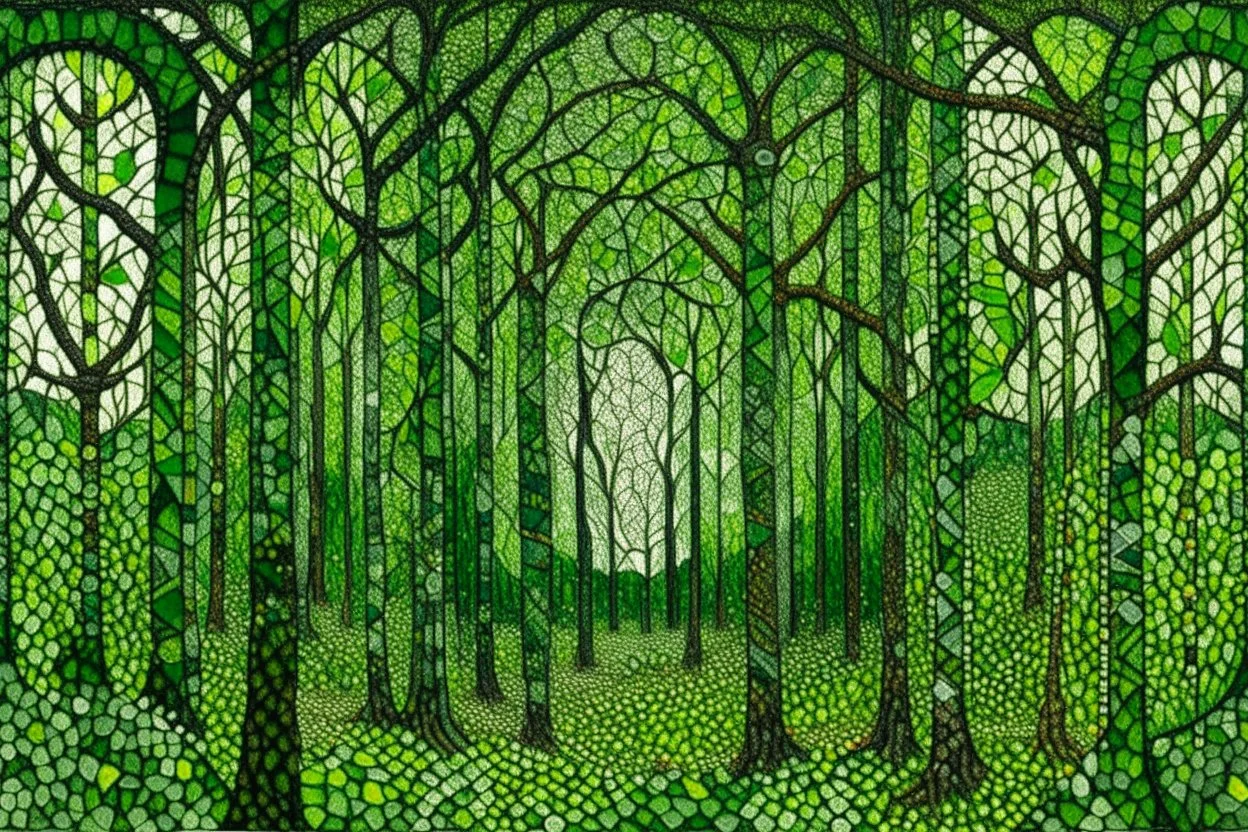 A green forest with thorny vines designed in ancient Roman mosaics painted by Vincent van Gogh