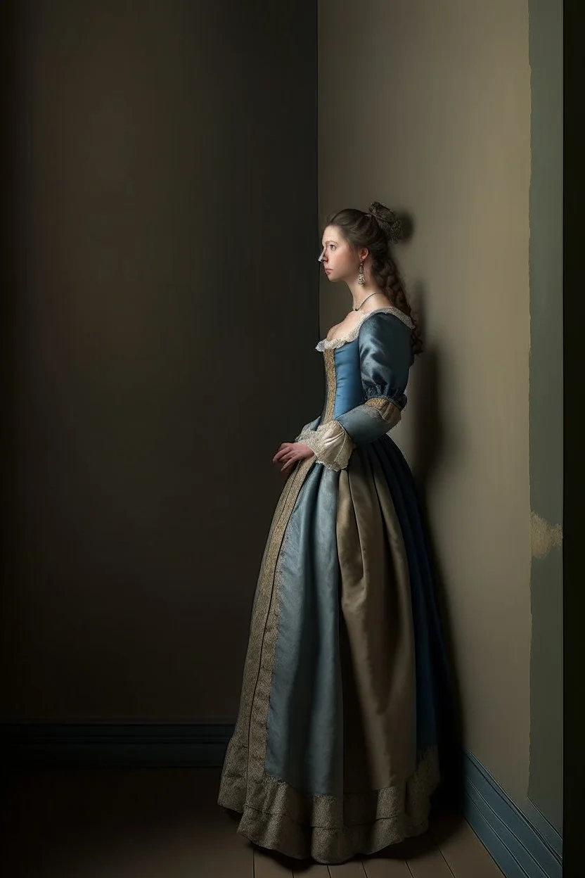 woman with XVIII siecle dress leaning against the wall, realistic style, full figure frontal view