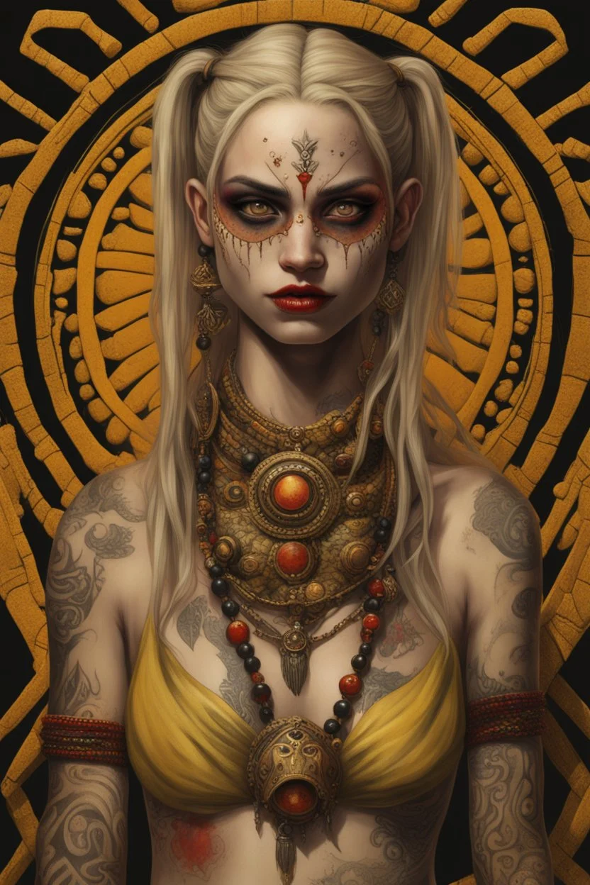 realistic portrait of harley quinn Hyperrealism, Ethereal portrait of a mystical being with tribal features, vibrant orange eyes, reptilian pupils, intricate scale-like patterns around the eyes, pale skin adorned with freckles, tribal tattoo on the nose bridge. Adorned in a weathered yellow tribal mask with dark markings, a central rivet, necklaces of gold, black, and red beads, a rustic red and dark green scarf with intricate designs, and small earrings. Serene expression, intense gaze, desatur