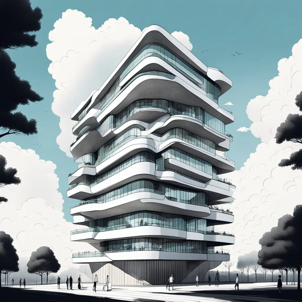 Dibujo arquitectónico de un edificio de cinco pisos, moderno, diseñado aplicando la proporción, estilo minimalista futurista, calidad ultra, gente, árboles, colores contrastantes, cielo con nubes pequeñas, maximalista