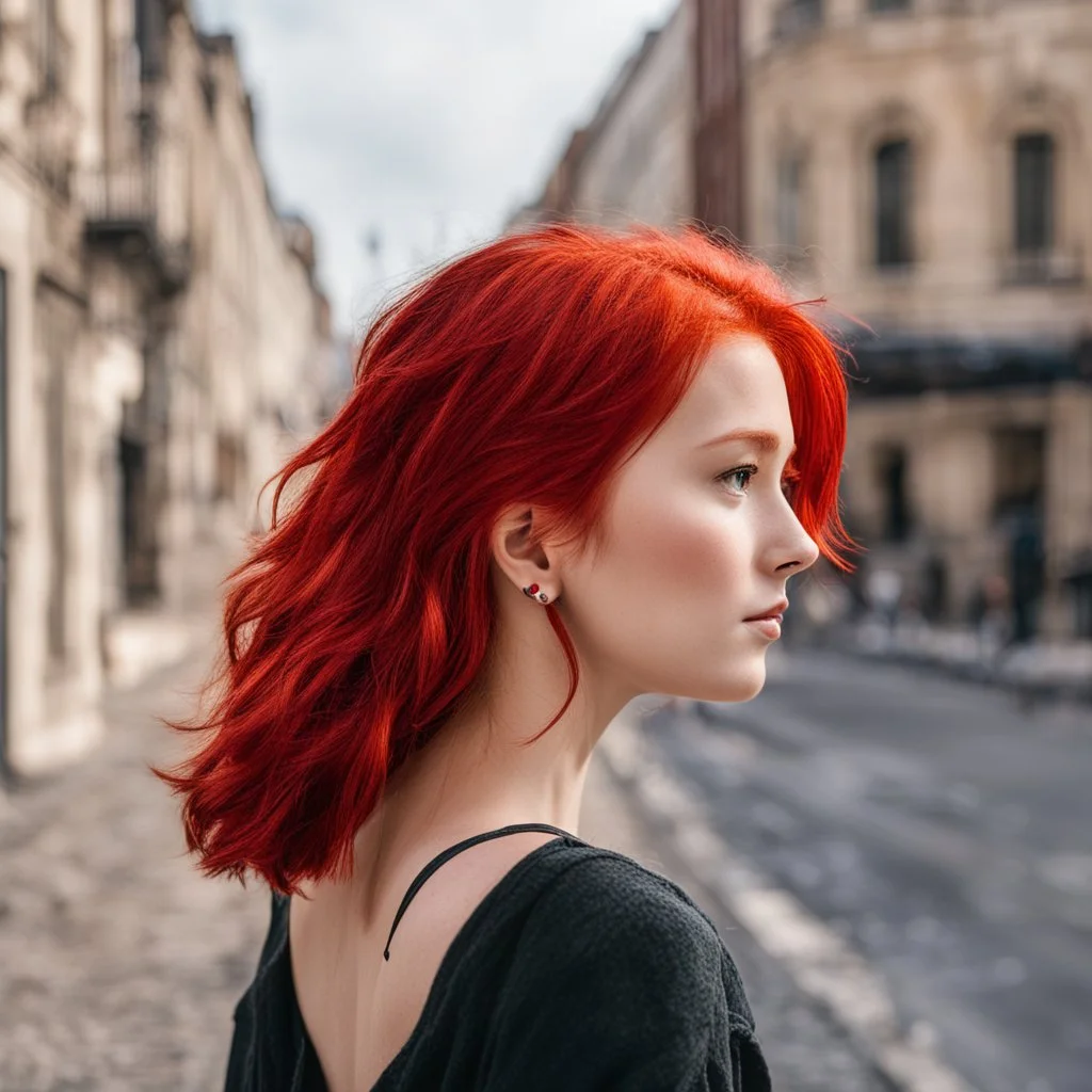 a girl with bright red hair, looking over her shoulder, walking along a bust street