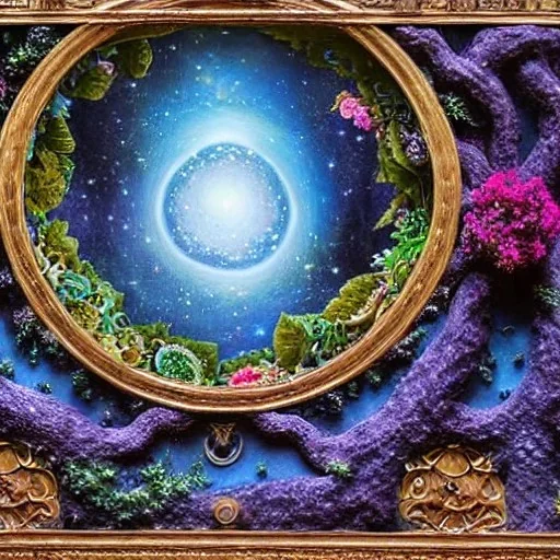 An elaborate portal with vines and flowers to the Galaxy, view of milkyway, planets, beautiful, stunning, intricate, ultra-fine detail, 8k, ornate, sharp, crisp, high-quality, 3d, realistic, digital art, George Grie, Anne Dittman, Anne Stokes, Lisa Parker, Selina French, Greg Rutowski