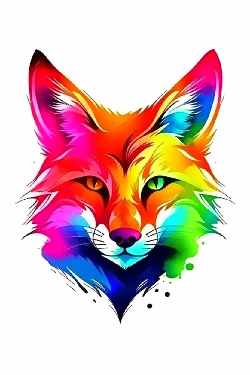 high quality, logo style, Watercolor, powerful colorful fox face logo facing CAT, no black ground, vector, 4k