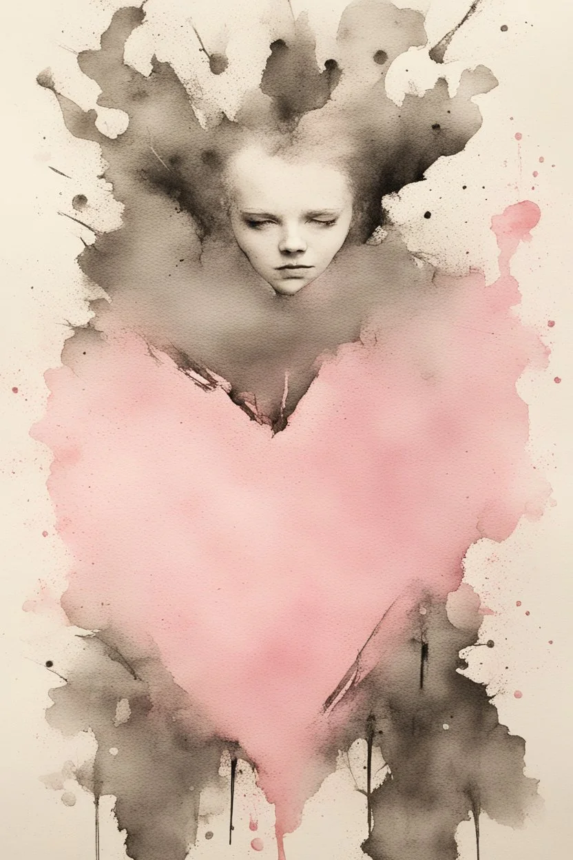 Objectivity is a myth of the grasping mind and exists only in the open heart; ink wash with powder pink splatters