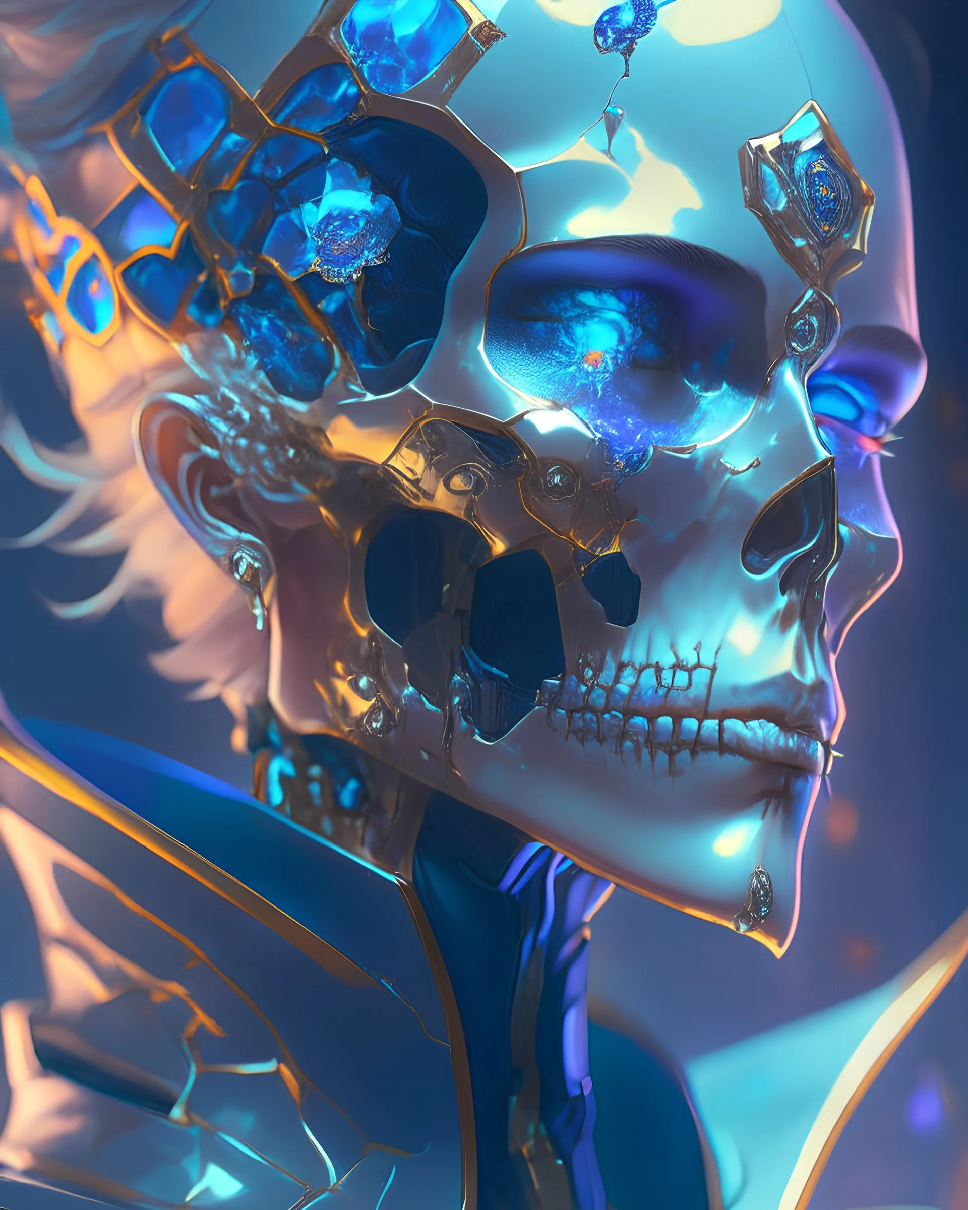 A glass headed skull with sapphire eys wearing a futuristic uniform, 8k resolution concept art portrait by Greg Rutkowski, Artgerm, WLOP, Alphonse Mucha Boris Vallejo dynamic lighting hyperdetailed intricately detailed Splash art trending on Artstation triadic colors Unreal Engine 5 volumetric lighting, by Hajime Isayama