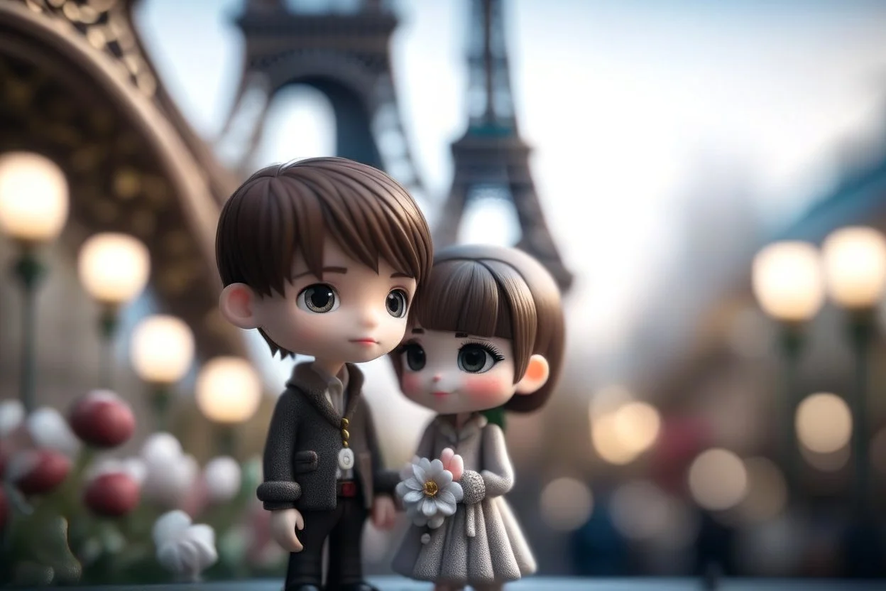 cute chibi mahogany haired girl with a short, silver haired boy, Eiffel tower, heart and love, flowers in Paris, ethereal, cinematic postprocessing, bokeh, dof