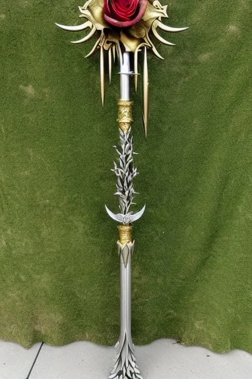 A large silver and Gold holy spear weapon covered in rose's and thorns, realistic, fantasy,