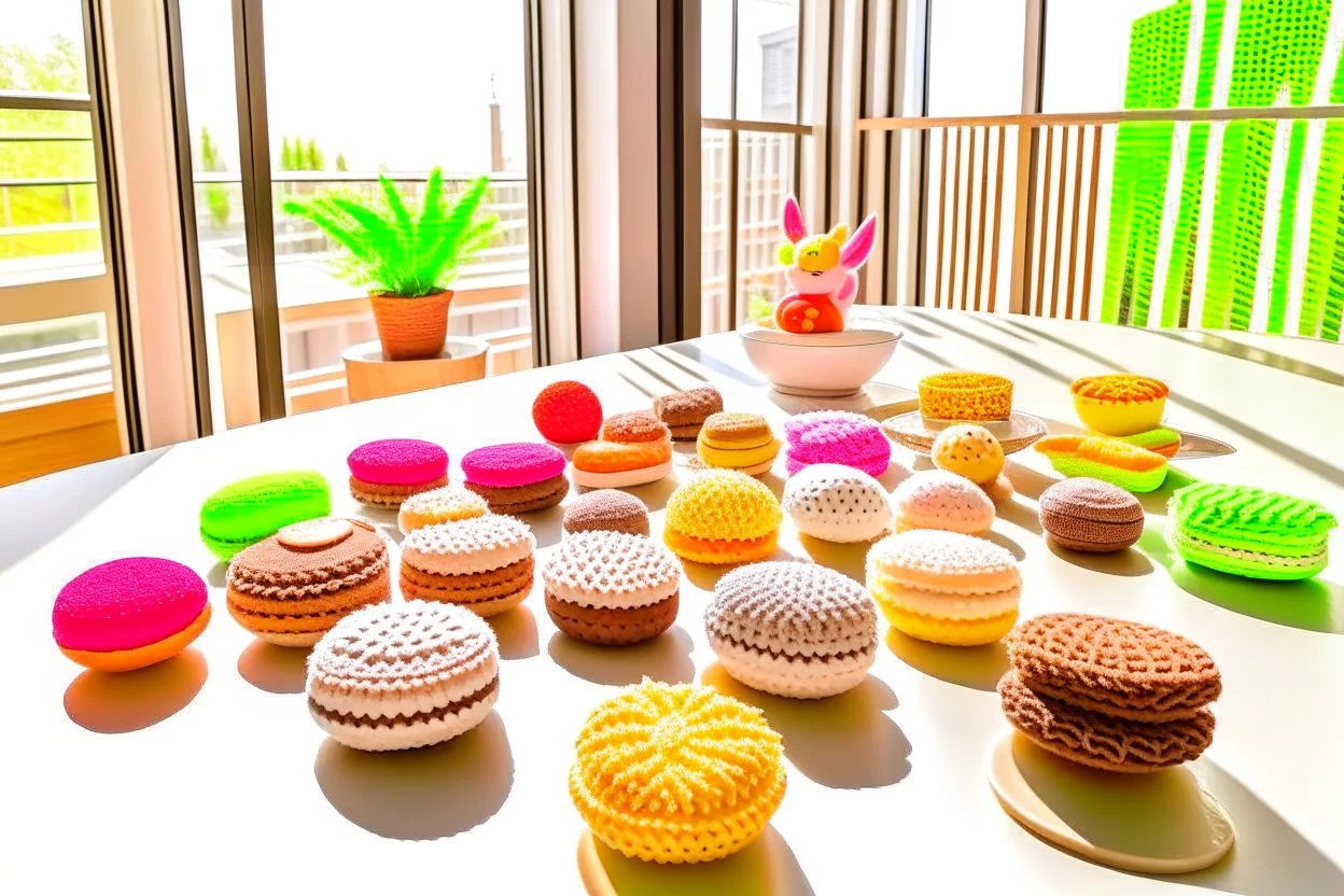 amigurumi desserts, cookies and macarons on lace tablecloth in a modern kitchen in sunshine