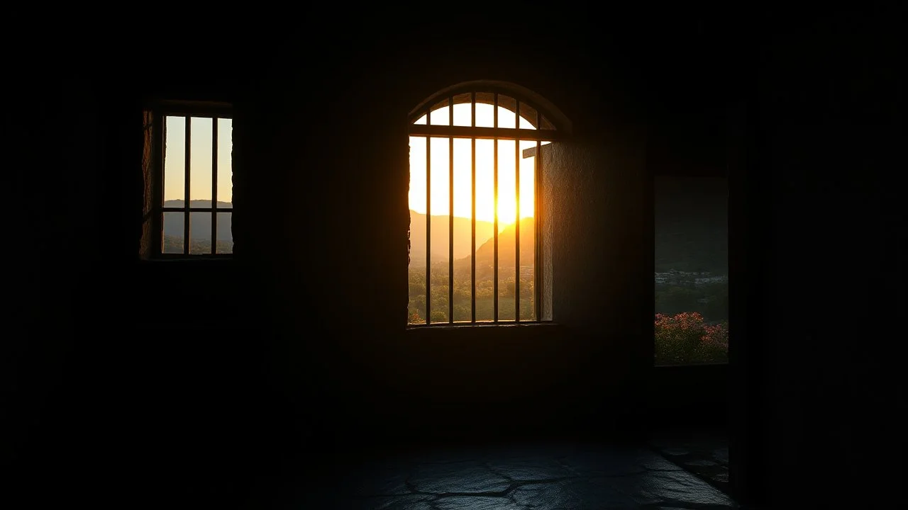 Inside a dark dismal cold prison cell with bars at the window, looking out through an open heavy cell door into freedom, with colourful gardens and distant hills in bright warm sunshine at sunrise. Exquisite composition, beautiful detailed intricate detailed octane render, 8k artistic photography, photorealistic, perfect light, chiaroscuro, award-winning photograph, masterpiece