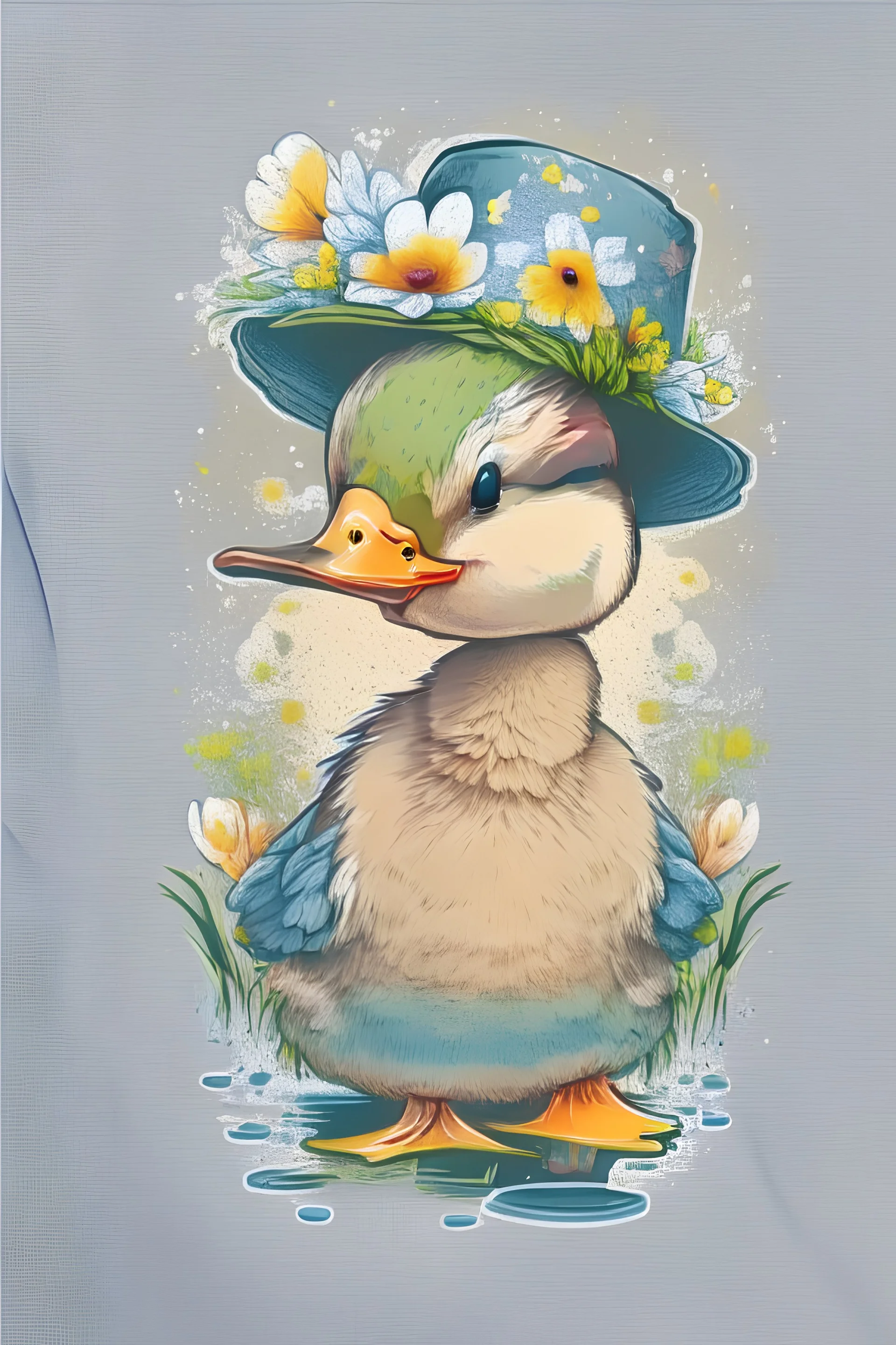 A cute duck with a flower hat design t-shirt , white background .