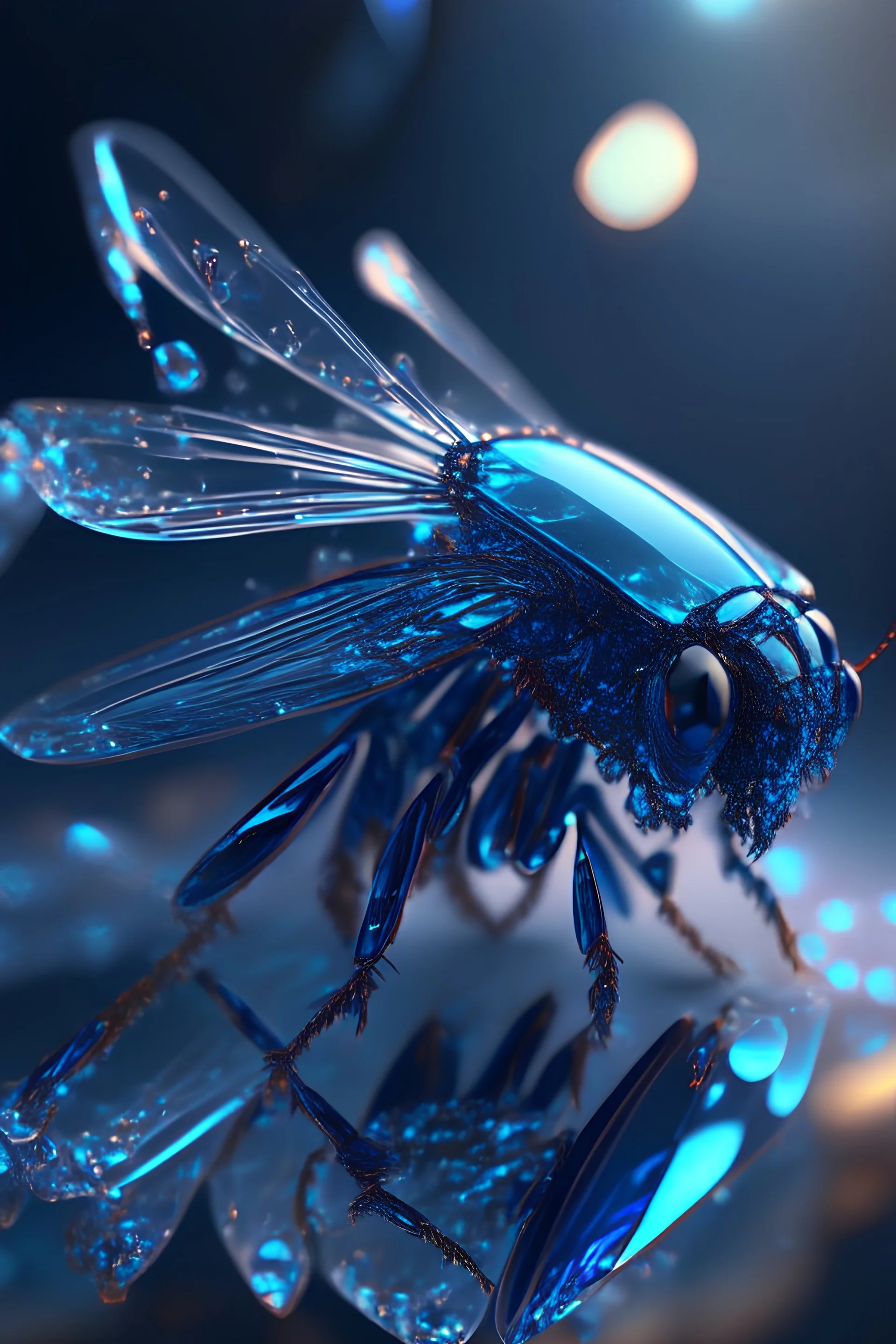 transparent gemstone fly, in blue fire chrome casino, high detail, 8k, cinematic, depth of field, art