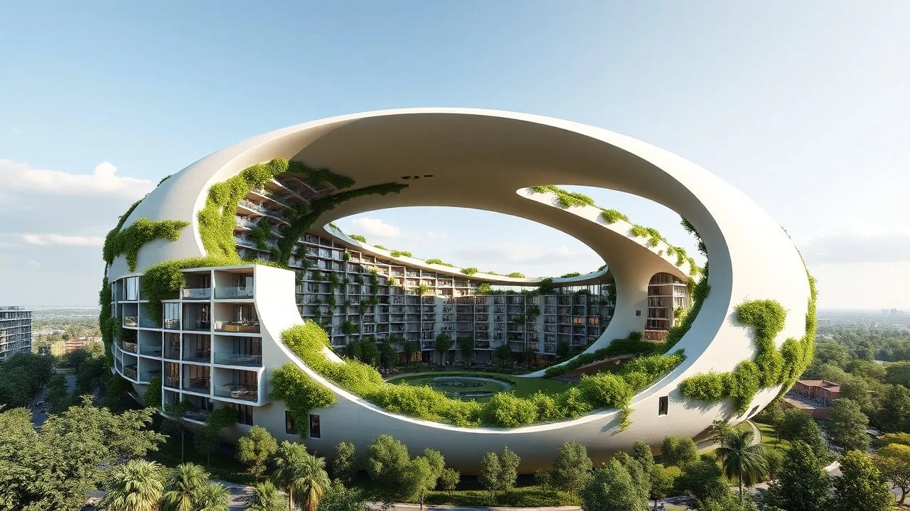 A unique residential complex designed as a large, smooth torus (doughnut) shape. The circular structure encloses a lush, green courtyard, and the outer walls are a mix of glass and vegetation. The curvature of the torus creates a sense of fluidity and unity, with the apartments arranged to follow the continuous curve of the building. Award-winning photograph.