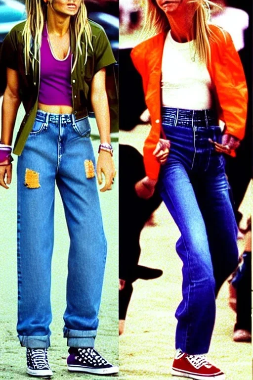 year 1996 denim fashion. Loose fit, low waist, baggy. Colors: denim blue, blue, purple, khaki, light green, lilac, plum, orange, terracotta, red, pink, dark blue, beige. Women models. Jennifer Lopez, Gwyneth Paltrow, . Big tennis shoes on.