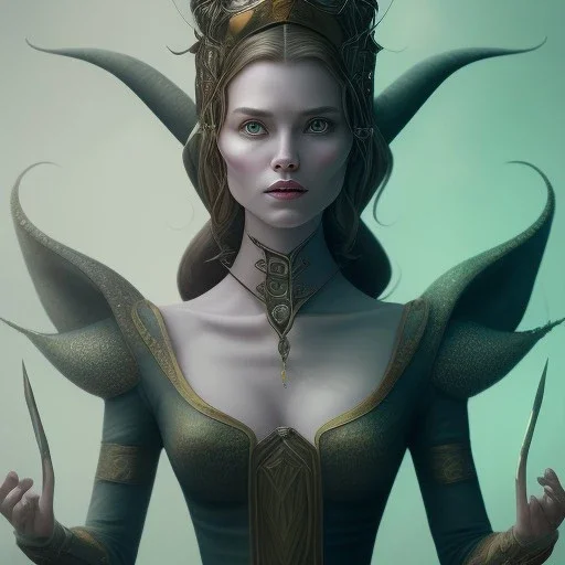 Portrait of old wiched " enchantress Morgan" with and mid-12th century elegant apparel.extremely detailed face,black clear Big eyes,perfectly centered image,intricate detail.korra character face style.and Kilian Eng art color. with black maleficent style horns