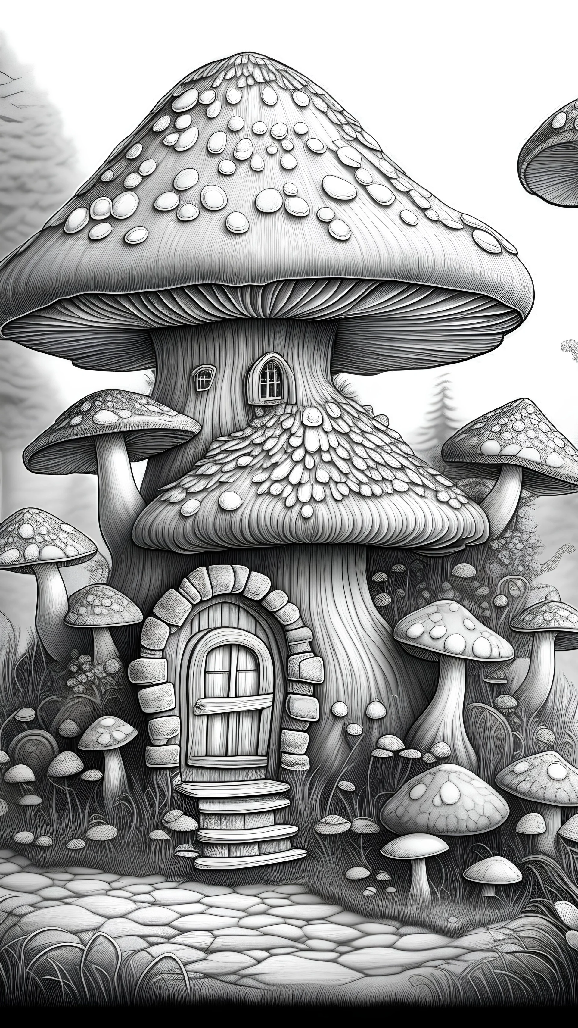 MANDELA STYLE .Mushroom houses Coloring Book for Adults and Kids, Instant Download, Grayscale Coloring Book