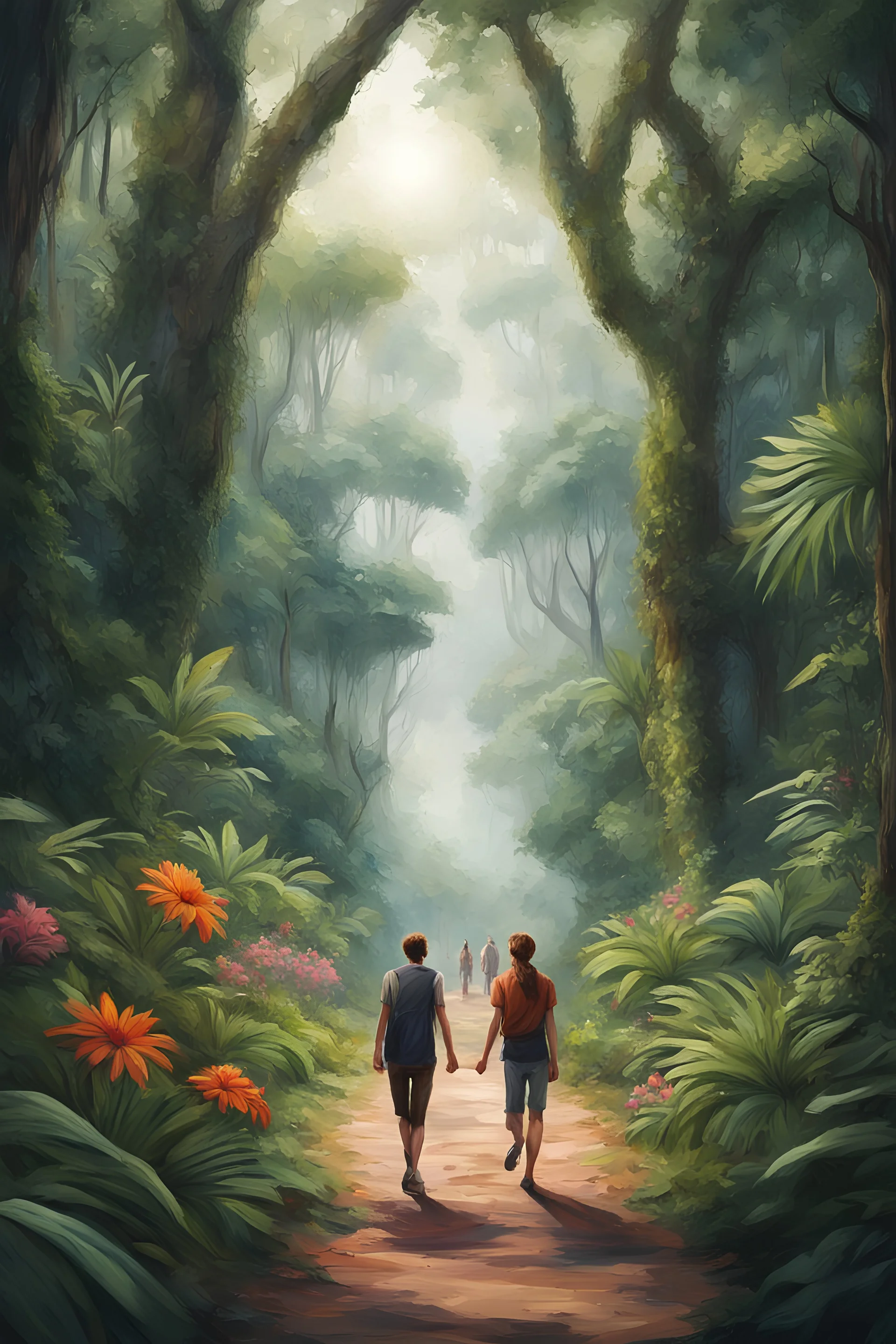 there are two humans friend. walking in the jungle.large trees.short road.beautiful flower