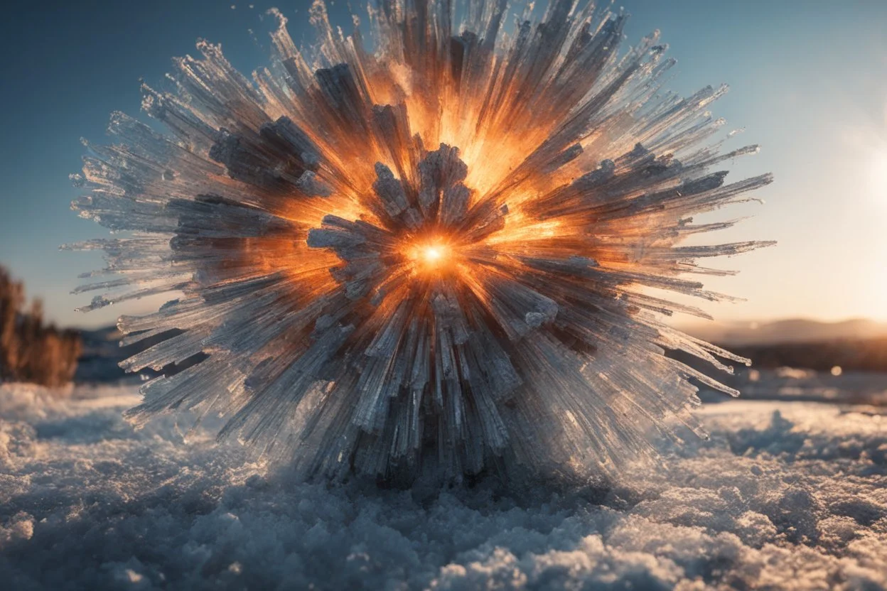 Atomic explosion, made of ice, ULTRA REALISTIC, details, intricate detail, professional lighting, film lighting, 35mm, anamorphic, lightroom, cinematography, bokeh, lens flare, film grain, hdr10, 8k, Roger Deakins, incredibly detailed, reflect, sharpen