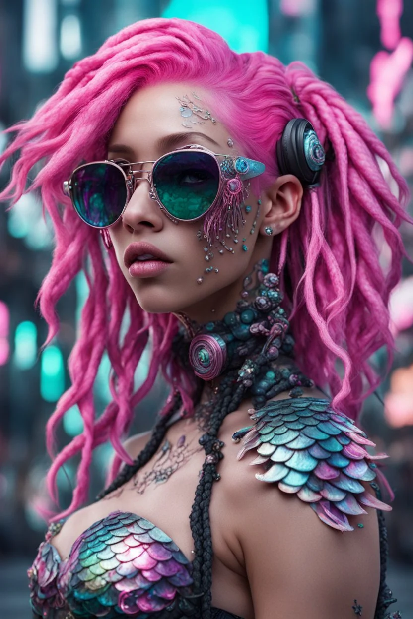 mermaid cyberpunk some fish scales on face pink hair dreadlock sunglasses gem in front