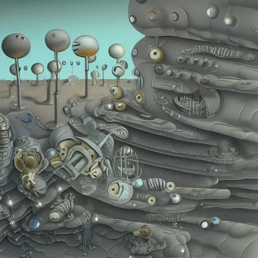 tardigrade reparing a planktonik nanomachine in a landscape designed by yves tanguy