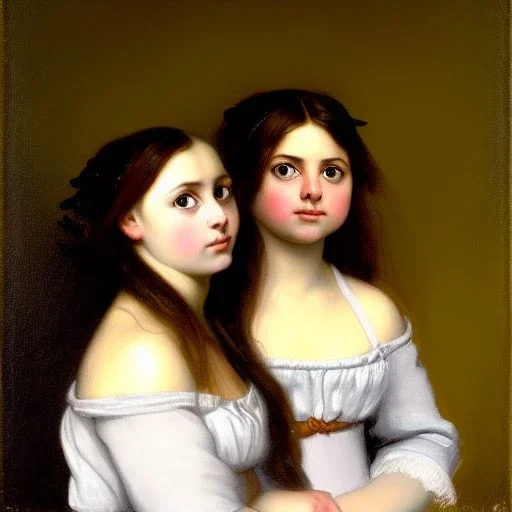 Retrato de unas niñas muy guapas llamadas Eira y Dalia con el estilo de Gustave Courbet