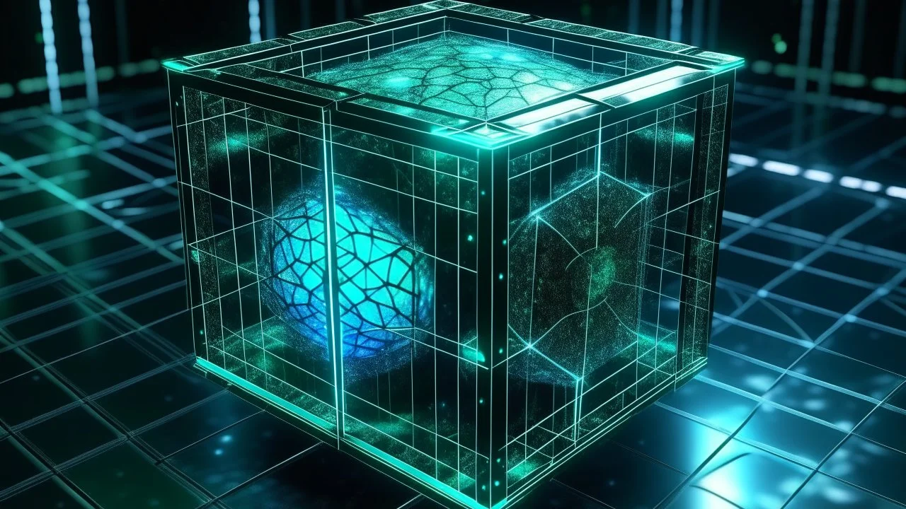 Cube tesseract from movie Loki. Tesseract size half of image. Located strictly in the middle of picture with space around it and with navy blue/green glow inside tesseract. Without surface/table on which it stay.