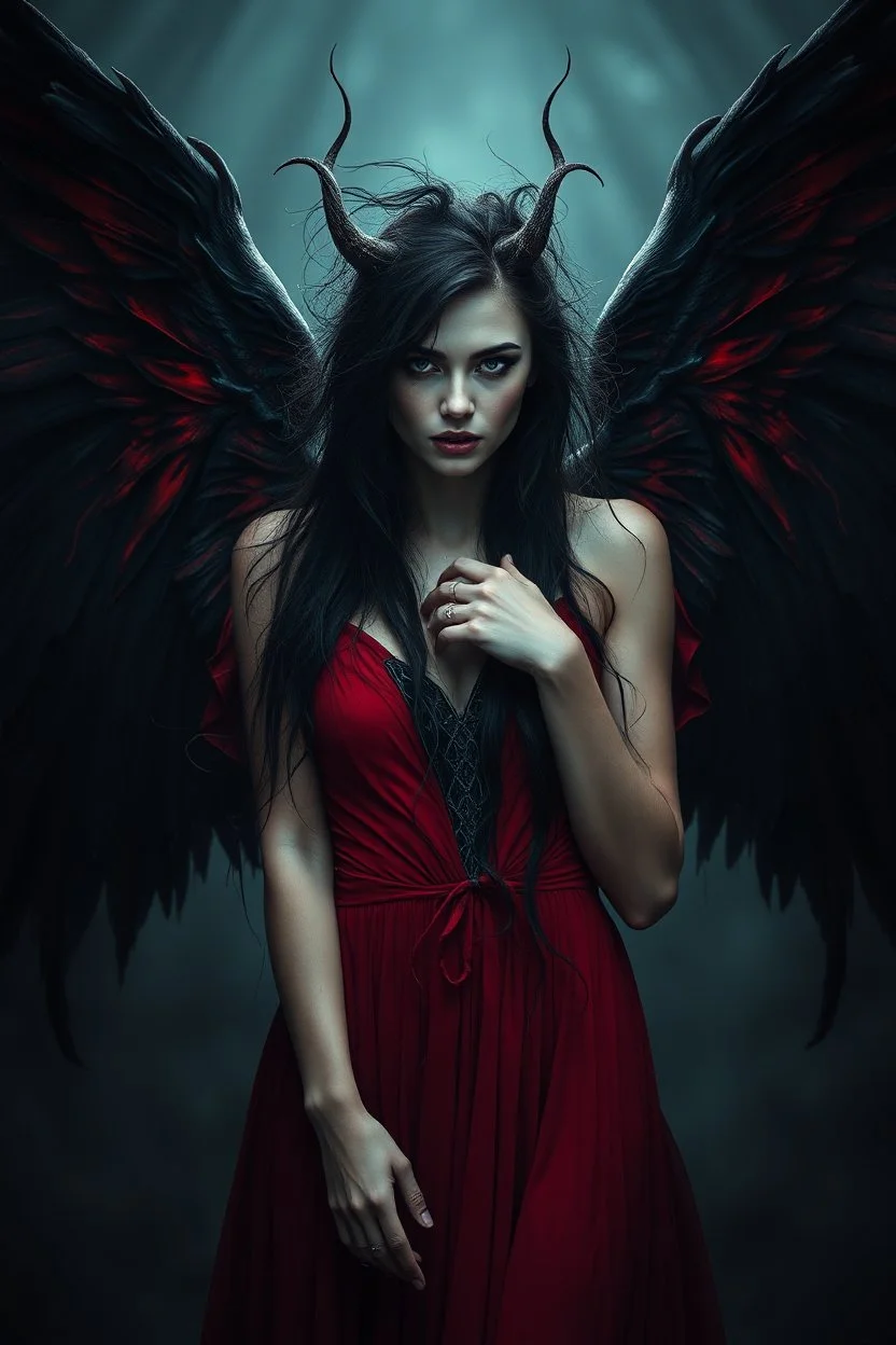 Daughter of Lilith, beautiful, wild woman, stunningly terrifying and powerful personality, with black wings in a dark red dress, long, dark messy hair with black tendrils, with suggestive dark eyes, wonderful, ancient woman, a demonic woman who controls with her strength, power, sharp focus, high detailed, high realistic, master photo, pale lights, deep night, eerie atmosphere, gothic, dark mystic atmosphere, stunning, masterpeace, cinematic, master photo