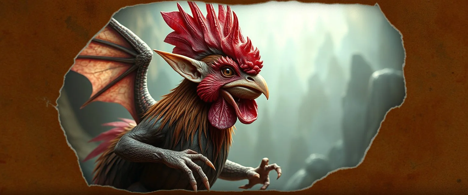 3d airbrush render, elf gremlin dodo punk dragon hen , pinhole cam, airbrush 3d rendering, in the style of Titian , torn edges on border