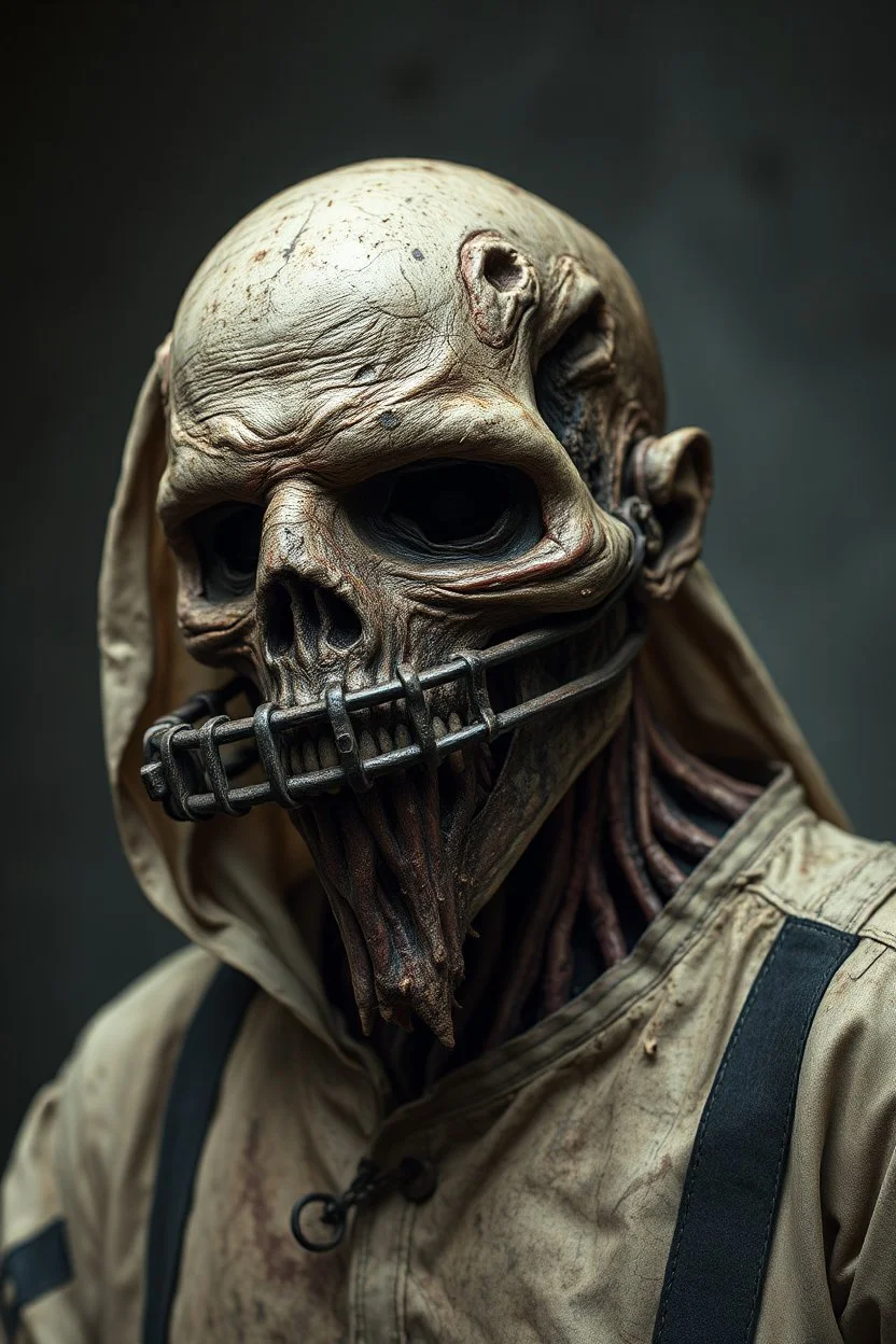 The full body of a prisoner man with iron mask Scary face , decayed and rotting with grotesque proportions and imagery. abstract grotesqueries, detailed texture, surreal horror, biomechanical design, by hr giger and beksinski