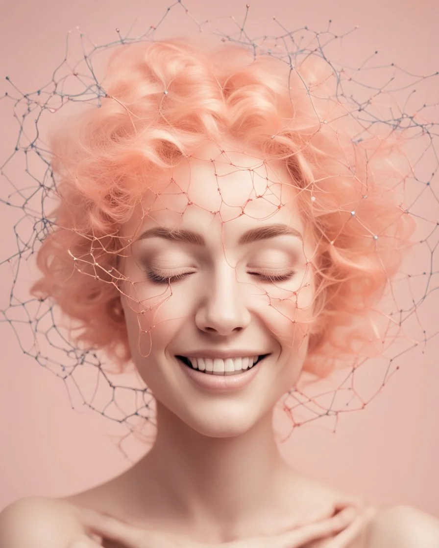 a woman smiling face, close eyes, pastel peach colors, neuron molecule hair thread imitation