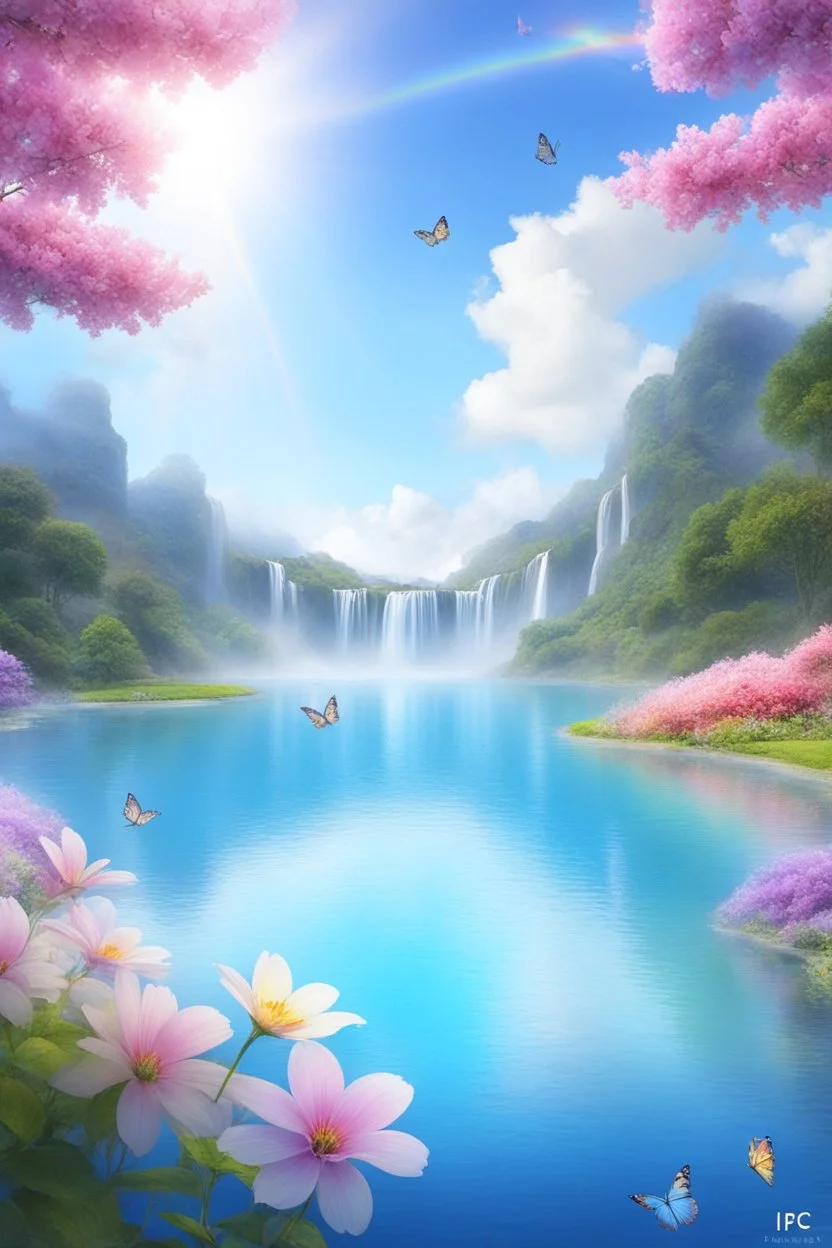 fantastic,Beautiful garden, flowers,rainbows, cascades arc en ciel, papillons colorés