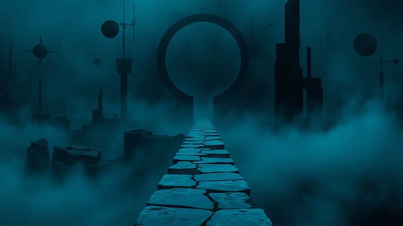 A surreal, dark and cold abstract artwork dominated by deep blue, icy cyan, charcoal black and muted steel-grey tones. An thin narrow passageway emerges from an abstract distorted weird landscape, surrounded by thick atmospheric fog and drifting mist. The space feels dreamlike, alien and unsettling, with fragmented floating circle geometric forms, black onix architectural fragments and unnatural perspectives. At the center of the composition cracked stone way over abyss, passage over nothingness