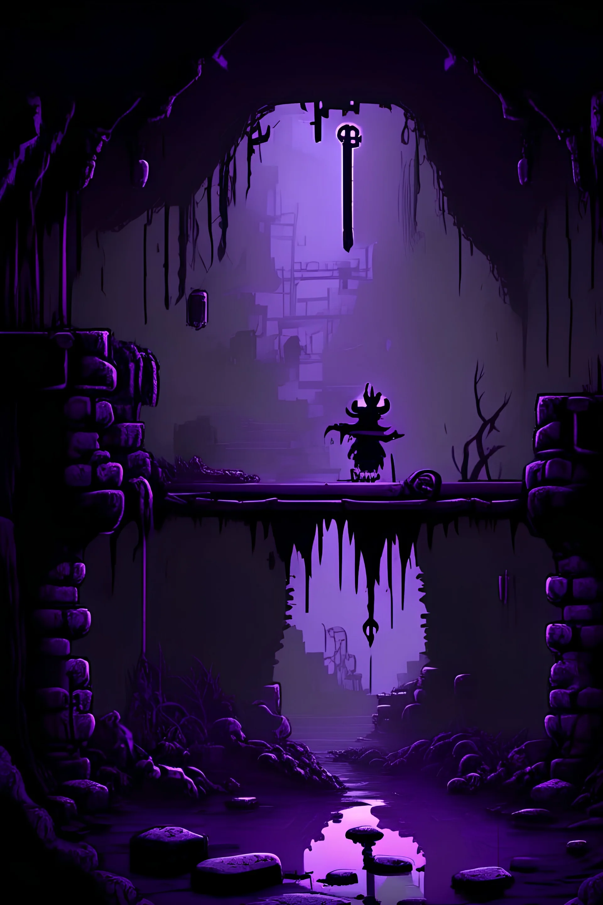 An animated 2d platformer of an apocalyptic sewer, dark and creepy with small accents of purple