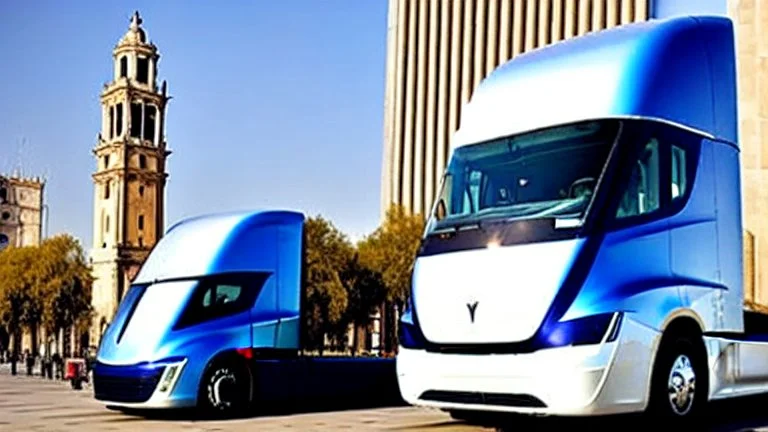 A Tesla semi-truck is parked, at the 'Plaza de la Constitución', in the city of Mexico. CINEMATIC. WIDE ANGLE LENS. PHOTO REAL.