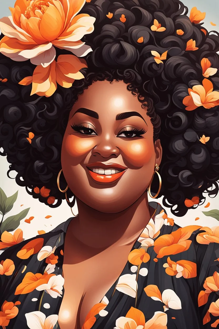 Create a expressionism cartoon art style image of a plus size black female looking down with a smile on her face. Prominent makeup with hazel eyes. Highly detailed messy curly bun with a hair scarf tied on her head with large orange magnolia flowers surrounding her. 2k