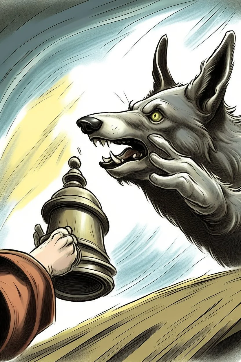 Digital drawing of a wolf hand ringing the bell, I want the wold point of view, so I want to see just his hand ringing the bell