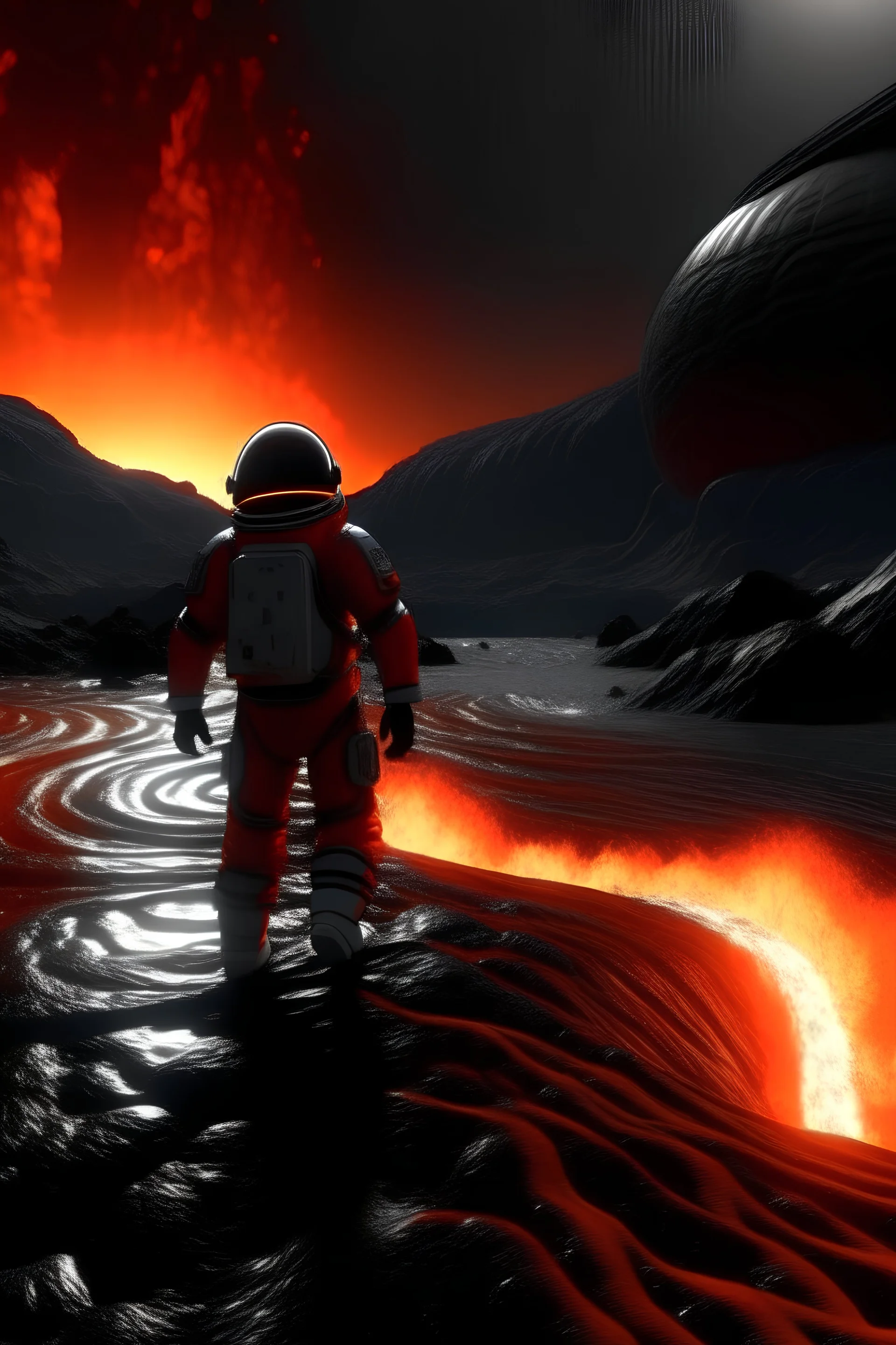 astrounaut flowing half in river of lava on another grey planet the sky is dark and full of stars , in his face one can see the universe Ultra HD