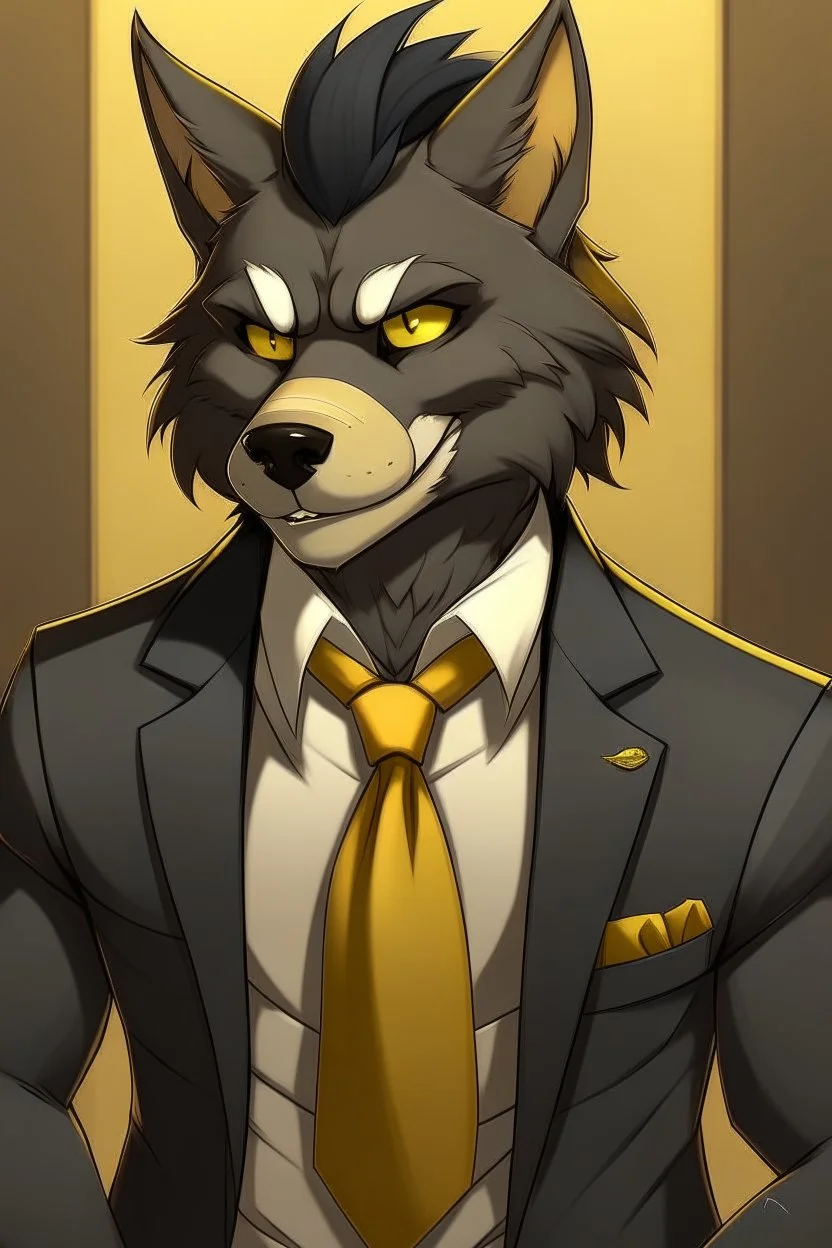 Buff anthro wolf himbo with black fur and gold eyes wearing a suit