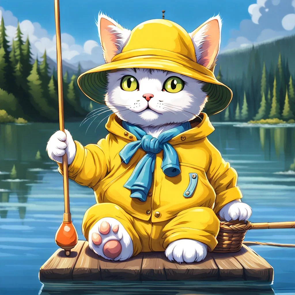 fantasy 90's tcg art of a cute cat wearing a fisherman's yellow outfit and holding fishing pole near lake