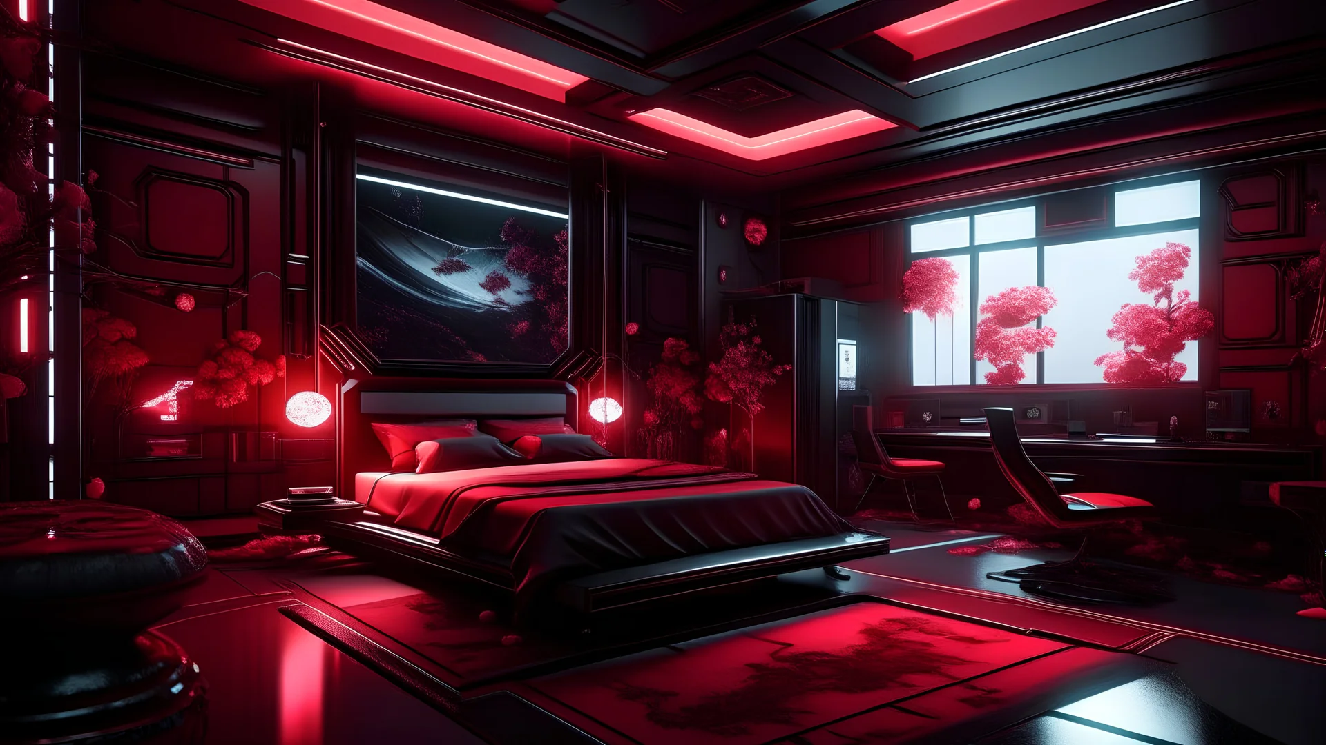 Cyberpunk very huge luxury bedroom, very huge bed, Detailed. Rendered in Unity. Japanese elements. Black and red lighting. Holograms. add a sakura tree into the room. Add a japanese katana in the wall and a gaming pc, red curtain, many gun