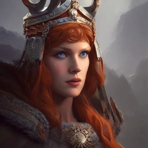 highly detailed portrait viking queen art, anime, delicate red hair, blue glass eyes, green glass steel armor, cinematic lighting, 4k, 8k, octane render, digital concept art, greg rutkowski, trending on artstation, pinterest, extremely detailed, ambient lighting.