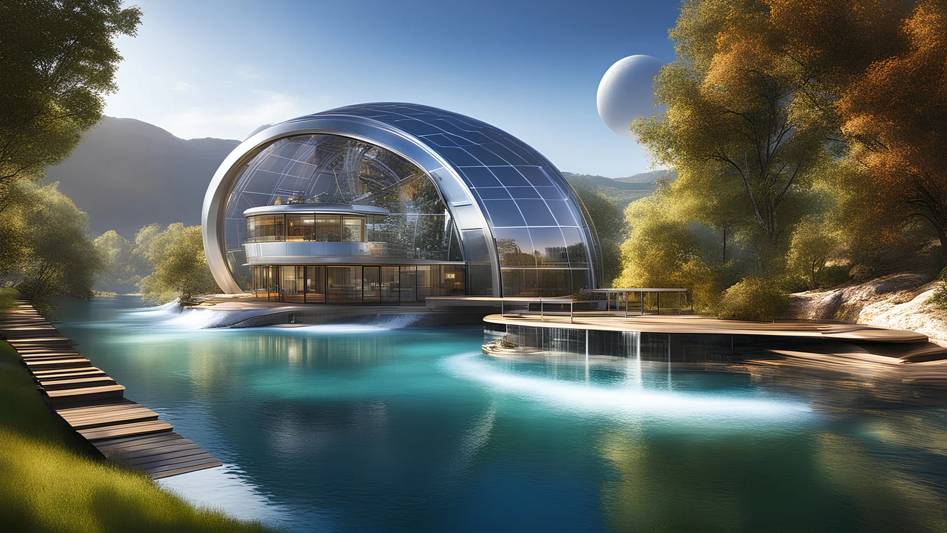 6003. Innovative environmentally-friendly home on Titan, solar panels, water wheel in river, alternative energy, scientific experiment, home of the future, fantasy, robotic, automated, spectacular, futuristic, beautiful lighting, attractive composition, photorealistic, extremely detailed, chiaroscuro