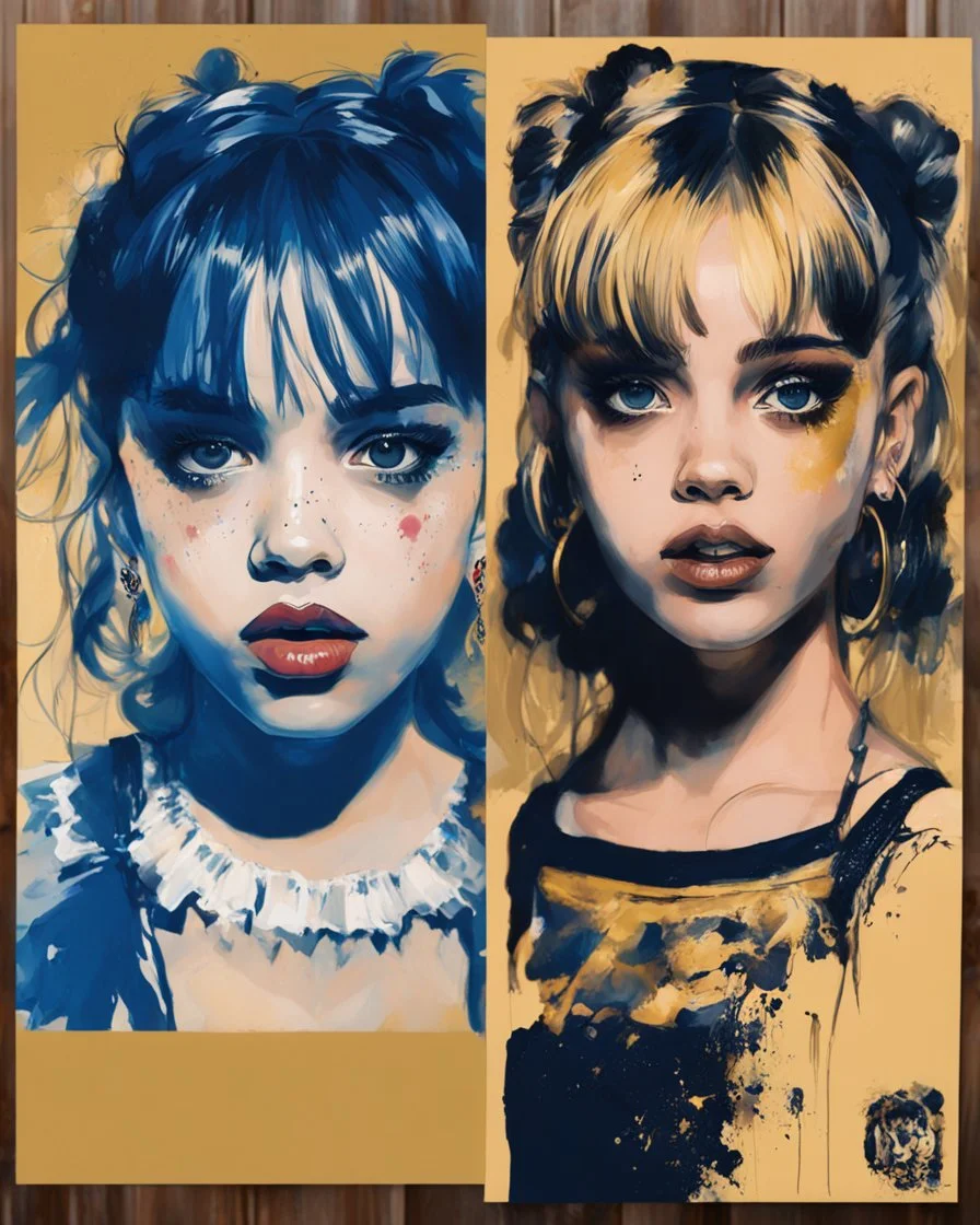 Poster in two gradually, a one side the Singer Danish MØ face and other side the Singer Melanie Martinez face, painting by Yoji Shinkawa, darkblue and gold tones,