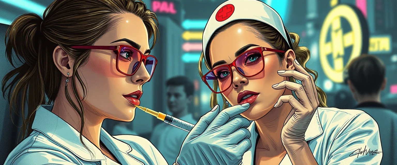 cyberpunk mega city fallout 4, airbrush and pen outline, A cinematic, high-end advertisement image for a fictional service called “Posh Meeting with Women Spice Girl Nurse Glam Fashion Party™”. Split-screen composition with two contrasting emotional states. Mad scientist getting injected.