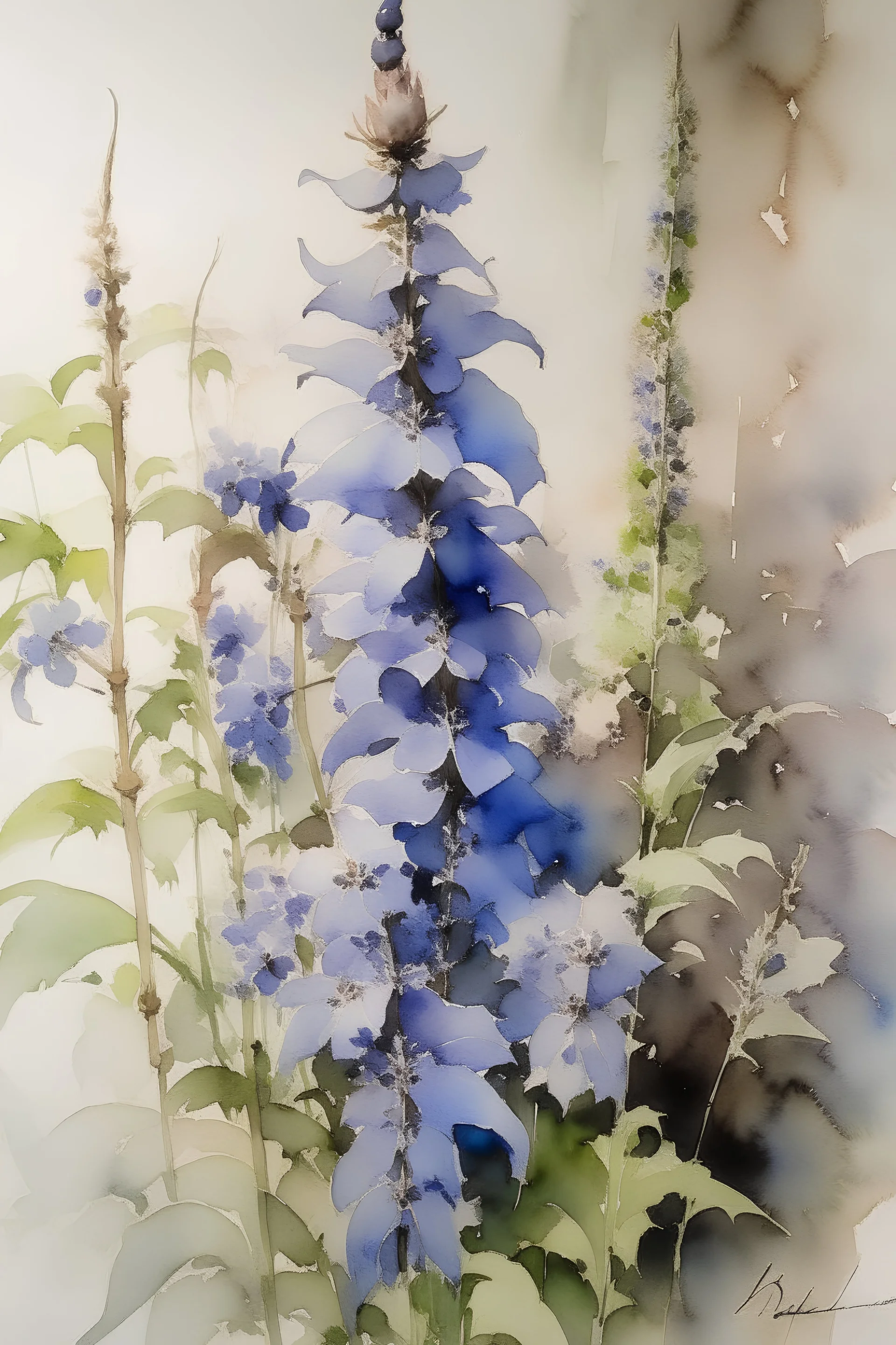 Watercolour of delphiniums in the style of willem henraets