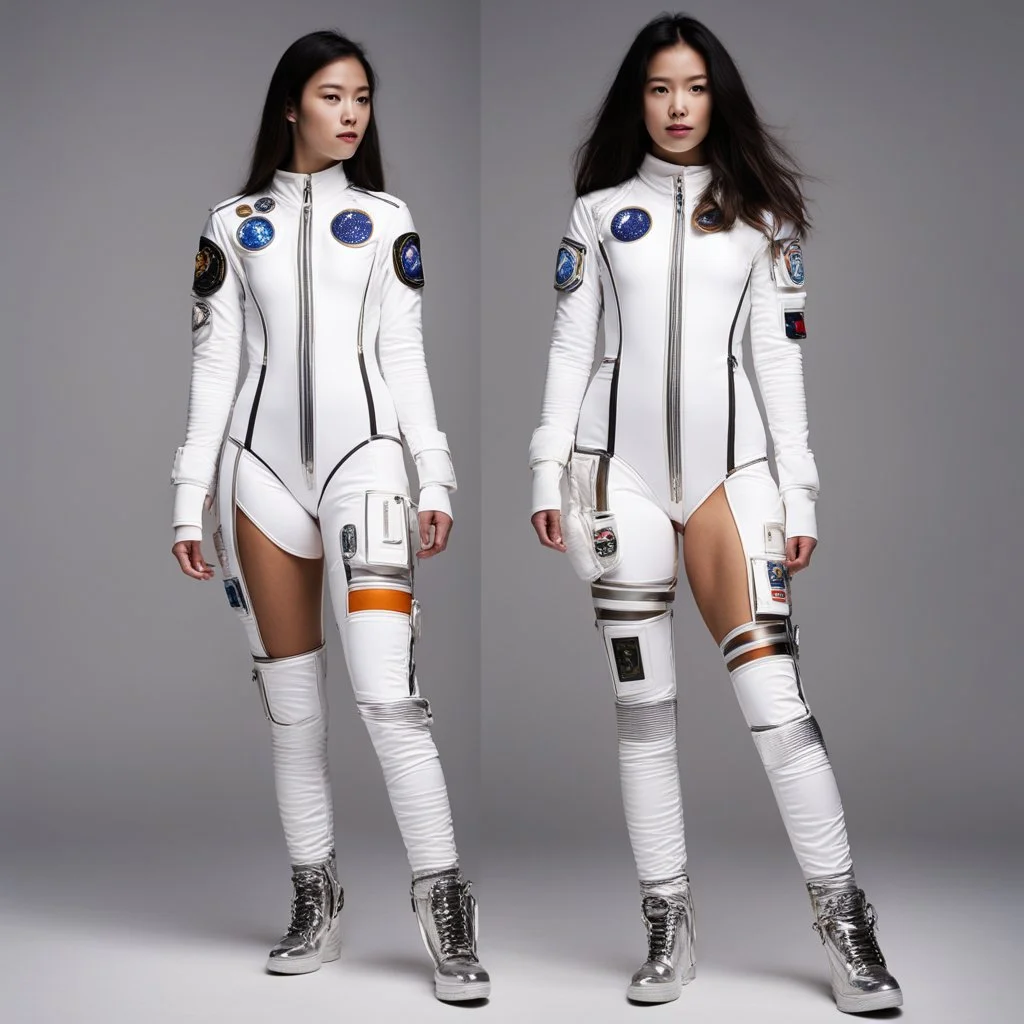 outside, on the moon: the twin women's leotard space suits are not just simple attire, but a fusion of style and functionality. These unique ensembles feature an abundance of zippers and badges, adding an extra layer of visual intrigue to their lunar expedition. The leotards, snug against their bodies, are adorned with various metallic zippers, strategically placed to accentuate their curves while allowing ease of movement. Each zip serves as a tantalizing invitation to explore