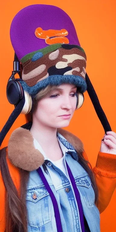 Brunette she. average body type. big head. Mantle is sewed of upcycled Denim and sewed together of camouflage pieces. Pieces' color are orange, cream and purple. It is with big bright purple felt tippet and cream-colored-hood. mantle is merged with satchel. . Big AKG-style headphones (gold rings!) is merged with small felt cap with small visor. Style: Haute Couture in 1910's, Paris fashion in 1998, inspired by street art. Cream latex gaiter. Her head and rest body!