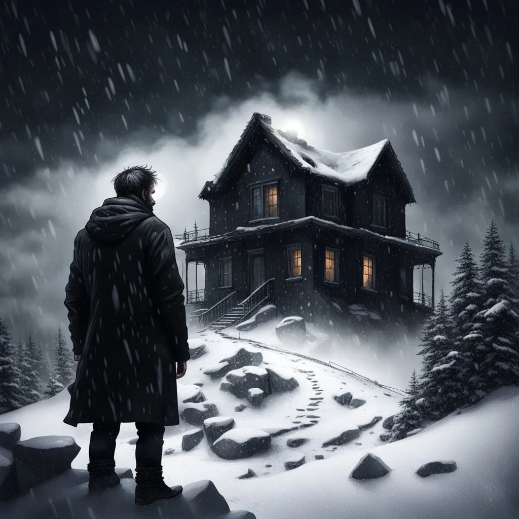 Hyper Realistic black dressed sad man on the top of a mountain & an abandoned dark haunted house at heavy snowfall night